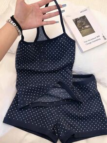 IslaSuriya 2件組女款休閒條紋細肩帶上衣與短褲套裝 - 藏蓝色 - 查看 3