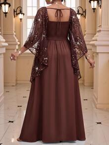 Fleurora Plus Contrast Sequin Ruched Mesh Overlay Dress - Coffee Brown - View 2