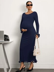 MaterniWear Đầm bầu công sở thanh lịch phối viền tương phản cho mùa thu - Xanh đậm - Xem 8