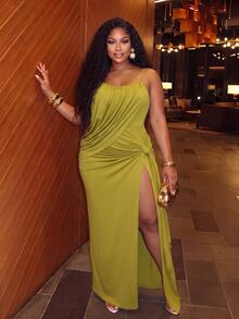 Slaydiva Plus Size Spaghetti Strap Draped Maxi Dress, High Slit Tie Side Formal Evening Party Dress For Curvy Women - Green - View 4