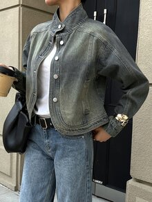 DAZY Women's Small Stand Collar Short Loose Washed Vintage Casual Denim Jacket And Coat - Medium Wash - View 2