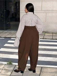 Maweii French Style Commuter Striped Lantern Sleeve Cinched Waist Wide Leg Jumpsuit - Brown - View 3