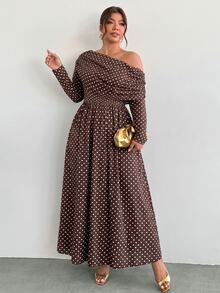Firerie Plus Size Women's Autumn/Winter Long Sleeve Polka Dot Print Brown Asymmetrical Shoulder Dress - Multicolor - View 7