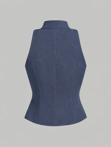 SHEIN MOD 優雅青蛙鈕扣掛脖上衣與直筒長褲套裝 - 霧霾藍 - 查看 7