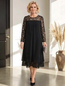 Miaspire Women Ageless Contrast Sequins Lace Yoke Long Sleeve Fold Pleated Dress - Black - View 1