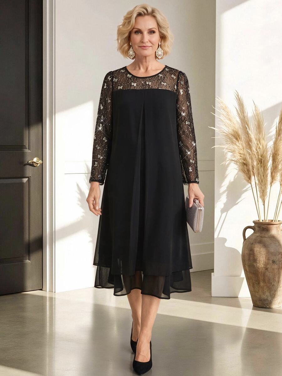 Miaspire Women Ageless Contrast Sequins Lace Yoke Long Sleeve Fold Pleated Dress - Black - View 1