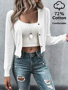 SHEIN Women V Neck Button Down Cropped Knit Cardigan, Long Sleeve Solid Lightweight Knitted Sweater - White - View 4