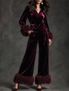 SHEIN Women's Plush Patchwork Long Sleeve Top And Pants Casual Daily 2 Pieces Set - Burgundy - View 5