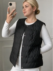 Easura Plus Button Front Vest Onion Quilted Winter Coat - Black - View 5