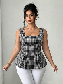 Elenzga 方領法式優雅大尺碼女款 A 字收腰襯衫上衣 - 黑色 - 查看 6