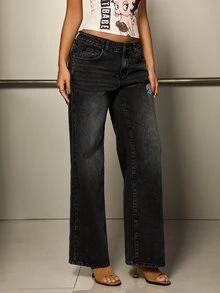 Betty Boop x SHEIN Women's Letter Cartoon Pattern Casual Daily Wear Denim Jeans - Black - View 10