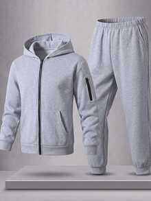 SHEIN Teen Boy Zip-Up Hoodie And Pants Casual Daily Outfit Set - Grey - View 6