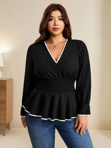 Edennvi Plus Contrast Binding Flounce Sleeve Peplum Blouse - Black - View 3