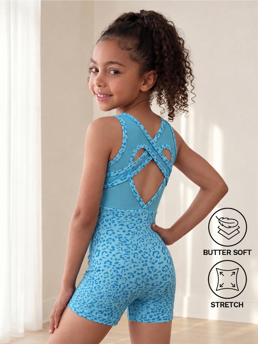 SHEIN Young Girl Leopard Print Crisscross Backless Activewear Sports Romper - Blue - View 1