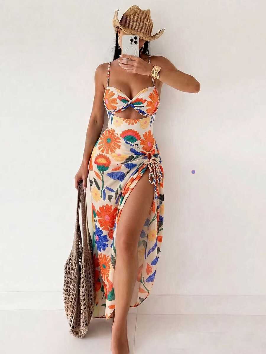 Bonvoyette Women's Summer New Beach 2 Pieces Set With One-Piece Top, Gradient Braided Rope Spaghetti Strap, Side Tie Beach Skirt Bikini 3 Pieces Set - Multicolor - View 1