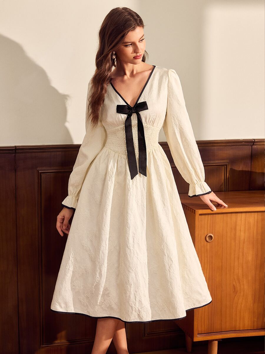 Vintamour Women's V-Neck Bow Decor Pleated Casual Party Mid-Length Dress - Apricot - View 1