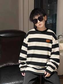 Kaos Anak Laki-Laki Remaja Bergaris Kerah Bulat, Pullover Gaya Jalanan Urban, Fashion Kasual Kreatif yang Dapat Dipersonalisasi - Hitam - View 3