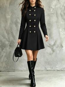 LUMIGAL Women's Vintage Stand Collar Gold Double-Breasted Cinched Waist Short Dress Court Style Fall/Winter - Black - View 3