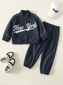 SHEIN 2件組小男孩秋冬休閒字母印花拉鍊外套與長褲運動套裝 - 彩色 - 查看 1