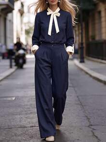 RosyDaze Colorblock Tie Neck Roll Tab Sleeve Shirt & Fold Pleated Wide Leg Pants Set - Blue - View 4