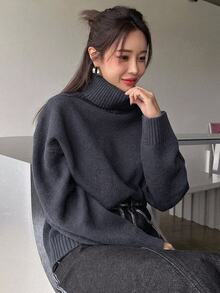 DAZY Women's Autumn/Winter Versatile Casual Solid Color Turtleneck Sweater - Grey - View 5