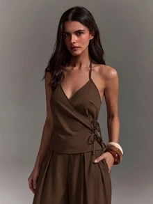 Athîral Women's Casual Halter Neck Cold Shoulder Solid Color Tie-Up Sleeveless Top And Balloon Pants 2 Pieces Set, Suitable For Daily Wear, Dating And Gatherings - Mocha Brown - View 4