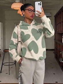 SHEIN EZwear 女款休閒寬鬆連帽衛衣，愛心圖案衛衣，女款秋冬服飾 - 彩色 - 查看 4