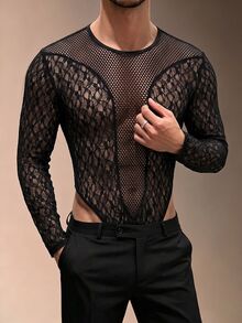 ZURIURI Jumpsuit thời trang nam phối ren xuyên thấu, lưới và lưới mắt cáo - màu đen - Xem 5