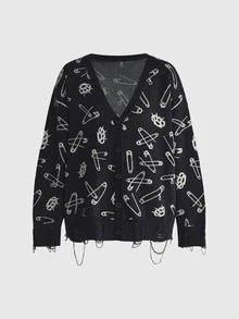 ROMWE Dark Gothic Special Jacquard Loose Knit Cardigan - Black - View 1