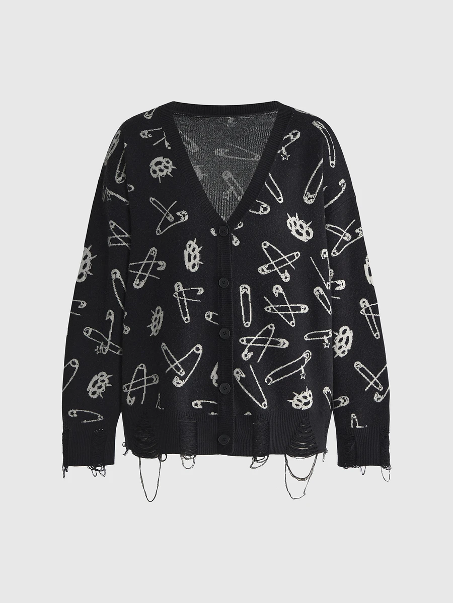 ROMWE Dark Gothic Special Jacquard Loose Knit Cardigan - Black - View 1
