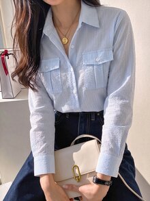 INAWLY Striped Print Flap Pocket Shirt - Blue - View 4