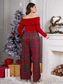 SHEIN Clasi Plus Size Autumn/Winter Christmas Off-Shoulder Patchwork Plaid Burgundy Party Banquet Jumpsuit - Burgundy - View 2