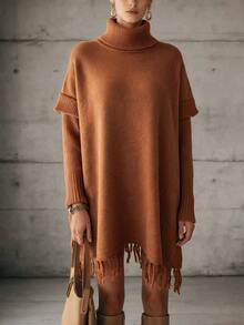 LanaWest Turtleneck Batwing Sleeve Fringe Hem Sweater Dress - Brown - View 6
