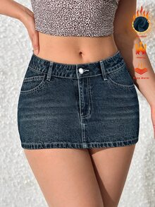 SHEIN PETITE 女款口袋裝飾貼身短款休閒牛仔裙，適合嬌小女性，秋冬刷毛牛仔布料 - 深色水洗藍 - 查看 4