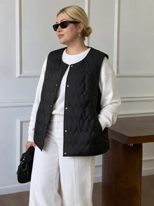 Easura Plus Button Front Vest Onion Quilted Winter Coat - Black - View 1