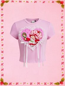 Strawberry Shortcake X SHEIN Women's Casual Cartoon Print Short Sleeve T-Shirt For Daily Wear - Pink - View 1