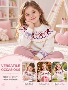 SHEIN Áo len dệt kim mùa thu/đông cho bé gái, màu nền be, họa tiết Fair Isle jacquard, thiết kế bèo nhún và nơ, họa tiết trái tim ở cổ tay, chất vải mềm, kiểu chui đầu cổ tròn, dáng rộng, dễ phối đồ mặc hàng ngày, dễ thương và ngọt ngào - trắng - Xem 8