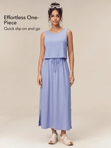 OutZeal Women Sports Jumpsuit Casual Daily Studio Bra-In Drawstring Waist Faux-Layered Dress Summer Spring - Mauve Purple - View 2