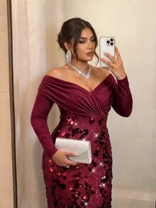 Firerie Plus Size Women Solid Color Off-Shoulder Long Sleeve Sequin Patchwork Fitted Elegant Glamorous Dress - Red - View 3