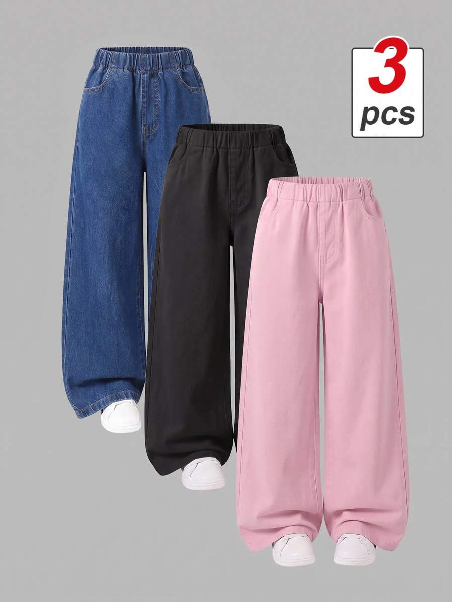 SHEIN 3件組青少年女孩百搭寬腿牛仔褲,寬鬆舒適休閒長褲,適合學校、校園、大學時尚,秋冬穿搭 - 彩色 - 查看 1