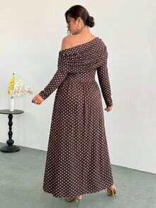 Firerie Plus Size Women's Autumn/Winter Long Sleeve Polka Dot Print Brown Asymmetrical Shoulder Dress - Multicolor - View 2