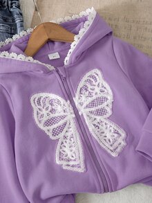 SHEIN 女童灰色與白色花卉蝴蝶結裝飾連帽衛衣外套，適合秋冬外出穿著 - 紫色 - 查看 6