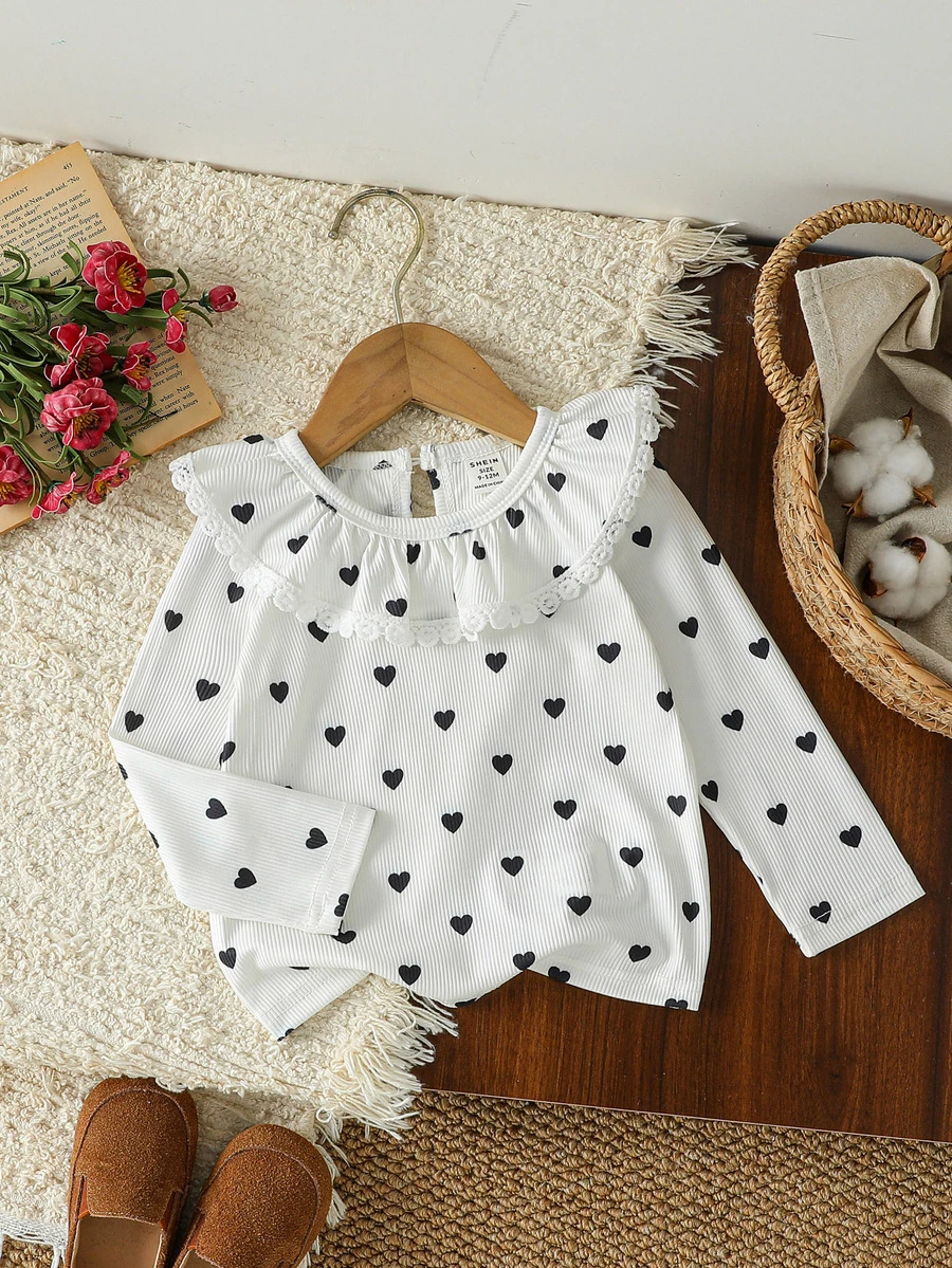 SHEIN Toddler Girl Ribbed Knit Top Sweet Elegant White Black Heart Lace Ruffle Long Sleeve Round Neck Regular Birthday Spring Holiday Princess Ballet Ribbed - Black and White - View 1