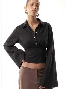SHEIN SXY Women's Solid Color Pleated Casual Daily Long Sleeve Shirt - Black - View 5