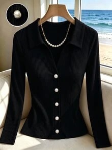 SHEIN 女款優雅通勤V領紋理修身開襟休閒T恤，適合日常穿著、約會、度假、大學、辦公室穿搭 - 黑色 - 查看 4