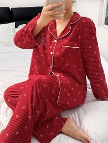 Napfluff CURVE Napfluff CURVE Plus Size Bow Striped Print Contrast Piping PJ Set - Red - View 4