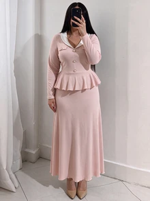 Modelyn Plus Contrast Shawl Collar Peplum Top & Flare Skirt Set - Pink - View 7