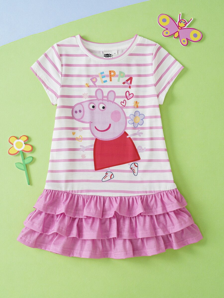 Peppa Pig X SHEIN Young Girl Striped Print Round Neck Short Sleeve Ruffle Hem Cute Dress Peppa Pig - Pink - View 1