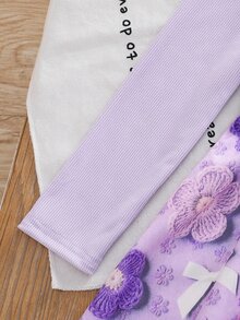 SHEIN 女童編織花卉蝴蝶結圖案方領荷葉邊休閒上衣 - 紫色 - 查看 4