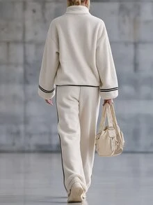 LUMIGAL Fall Winter Contrast Binding Drop Shoulder Teddy Sweatshirt & Pants Set - Beige - View 2